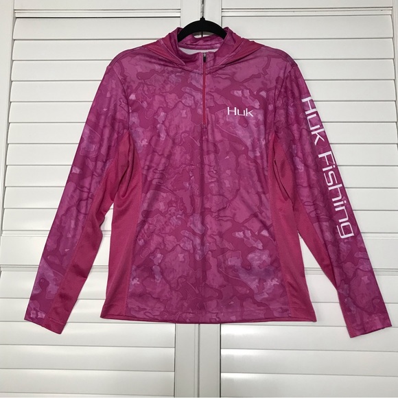 HUK Women's Icon X Hoodie UPF 50+ Long-Sleeve Fishing Shirt Size Large Pink Camo - Picture 2 of 8